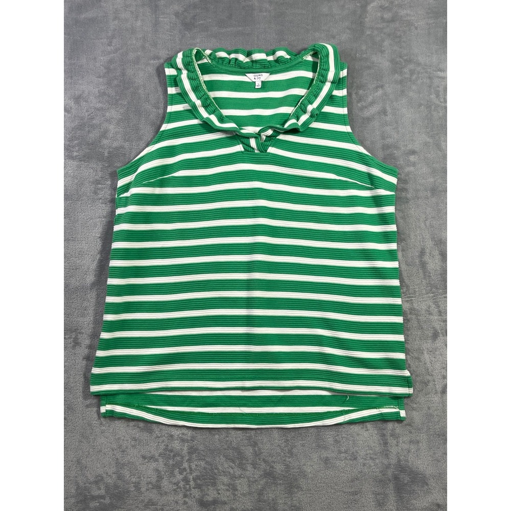 Crown & Ivy Green White Striped Ruffle Neck Sleeveless Ribbed‎ Knit Top Large